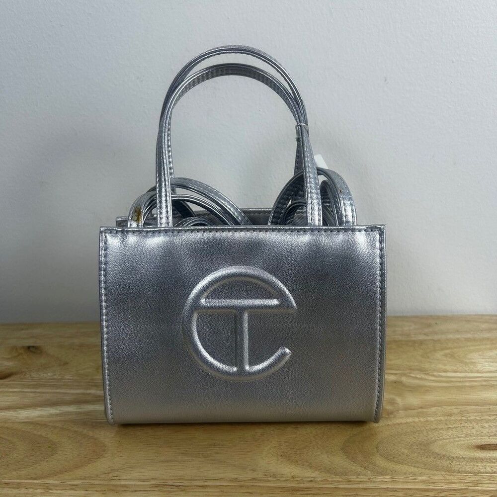 Telfar Small Silver Shopping Bag Metallic Faux Leather Crossbody Tote NWT